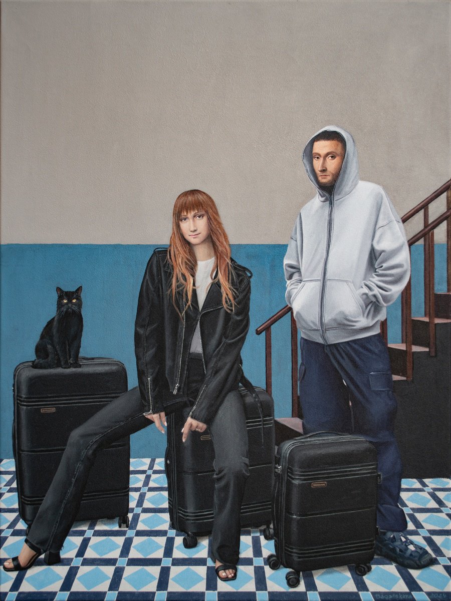 Photorealistic Portrait Acrylic Painting By Nataliya Bagatskaya, 28 X 39", Contemporary Portrait "As We Wait For The Taxi", Artfinder