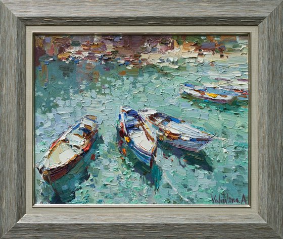 Moored rowing boats - Original oil seascape painting