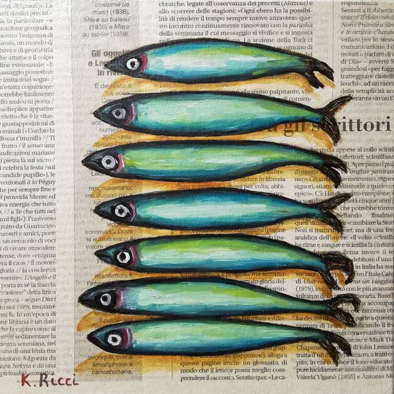 "Anchovies on Newspaper" Original Oil on Canvas Board Painting 8 by 8 inches (20x20 cm)