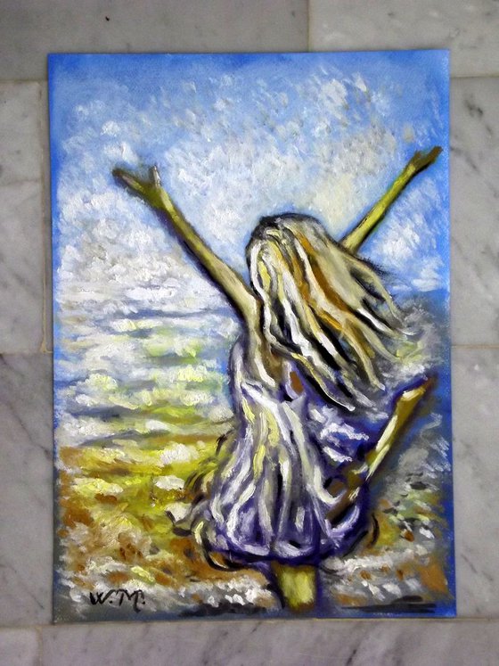 SEASIDE GIRL - DANCING AT THE SEASIDE - Oil painting (30x42cm)