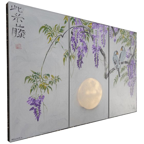 Japanese lilac wisteria and love birds J221 - large silver triptych, original art, japanese style paintings by artist Ksavera