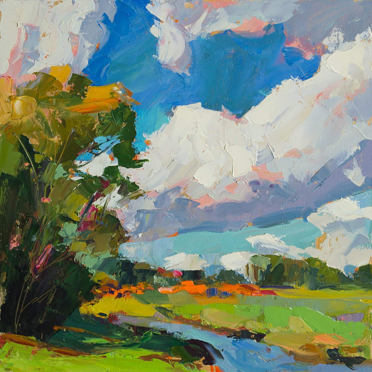 Impressionistic Landscape Oil Painting By Daria Zavadenko, 12 X 12, Waiting For Summer, Original Artwork