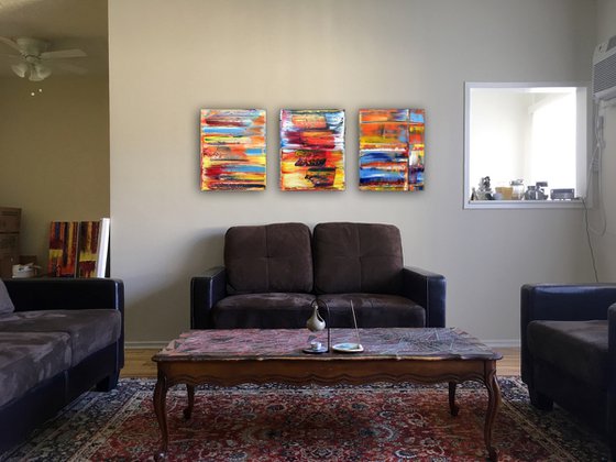 "Make Us" - FREE USA SHIPPING - Original PMS Abstract Triptych Oil Paintings On Canvas - 48" x 20"