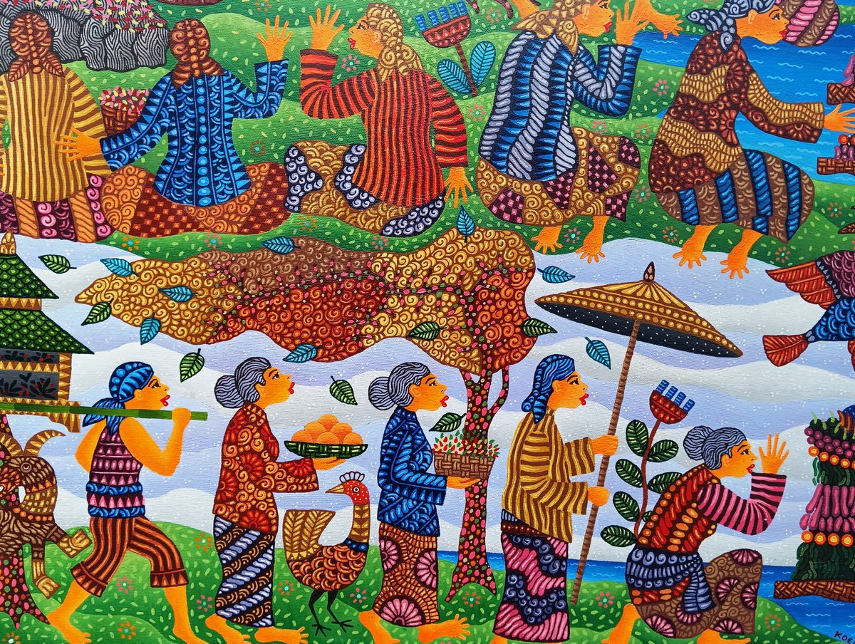 Illustrative Portrait Acrylic Painting By Kus Budiyanto, 47 X 35", Sesaji ( Offerings ), Original Artwork