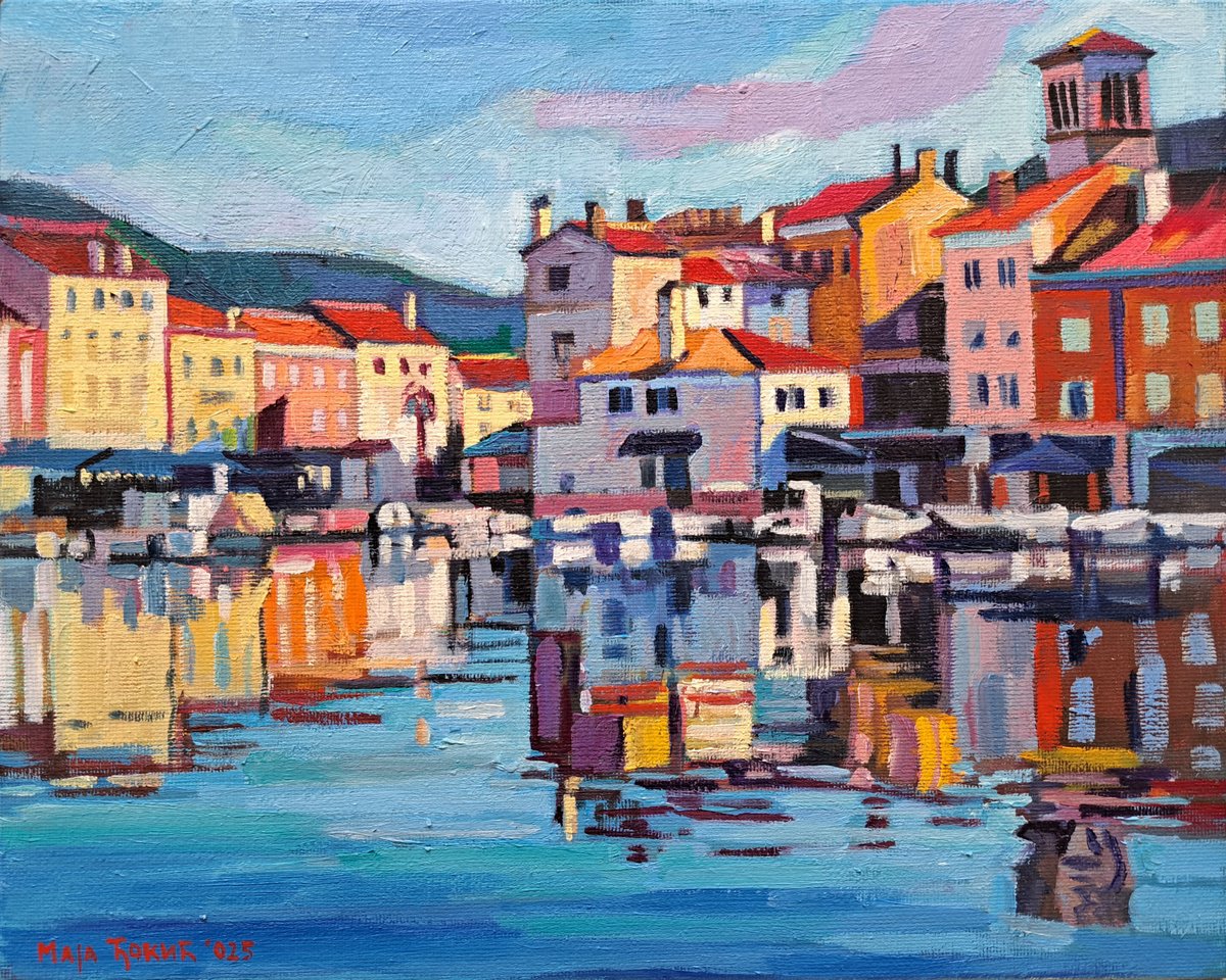 Impressionistic Cityscapes Oil Painting By Maja ?okic Mihajlovic, 12 X 9", In A Quiet Harbor, Original Artwork