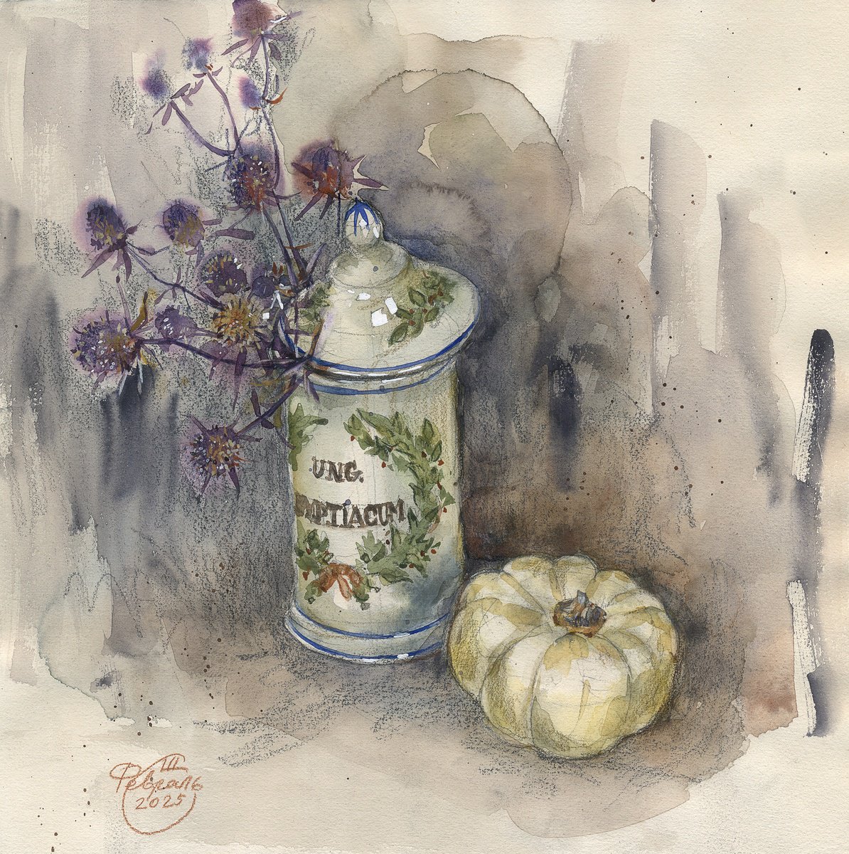Impressionistic Still Life Watercolour By Tatyana Tokareva, 13 X 13", Still Life With Pumpkin, Original Artwork