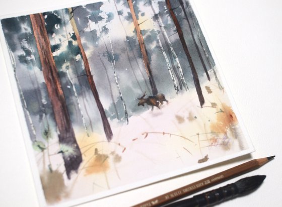 Elk Island / Winter forest / Original art