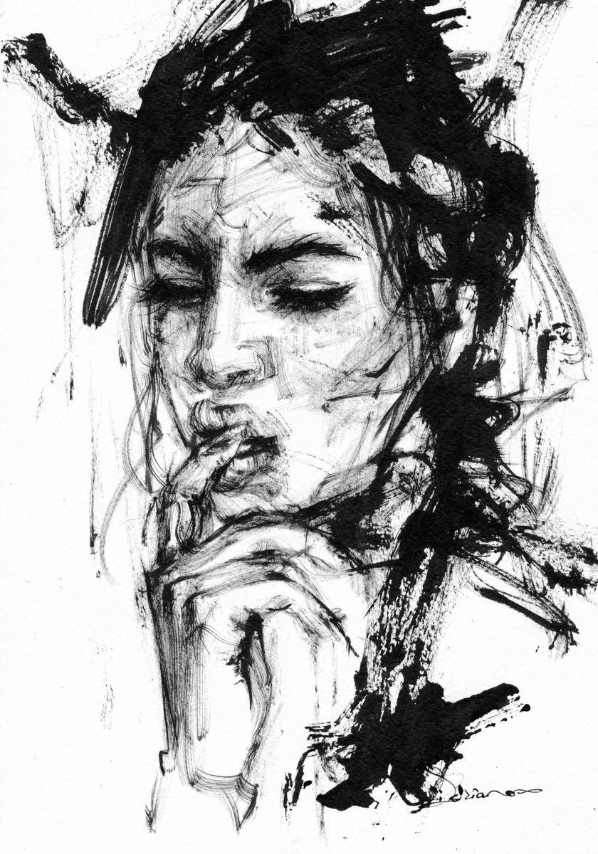 Expressive Portrait Ink Drawing By Doriana Popa, 8 X 12, Untitled, Original Artwork