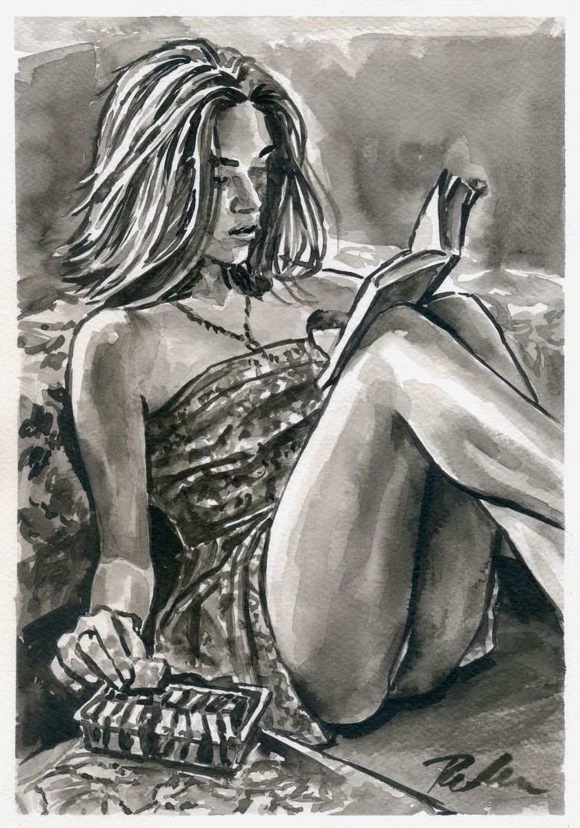 Urban And Pop Portrait Ink Drawing By Tashe, 8 X 12", Time For Myself, Original Artwork