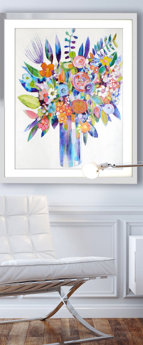 Vase of flowers (semi abstract colourful floral / flower painting) by Carolynne Coulson