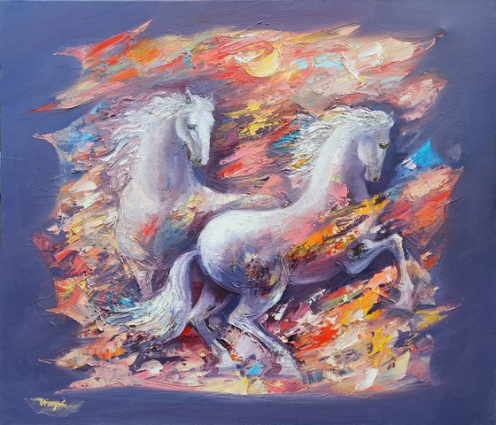 White horses (60x70cm, oil painting, ready to hang)