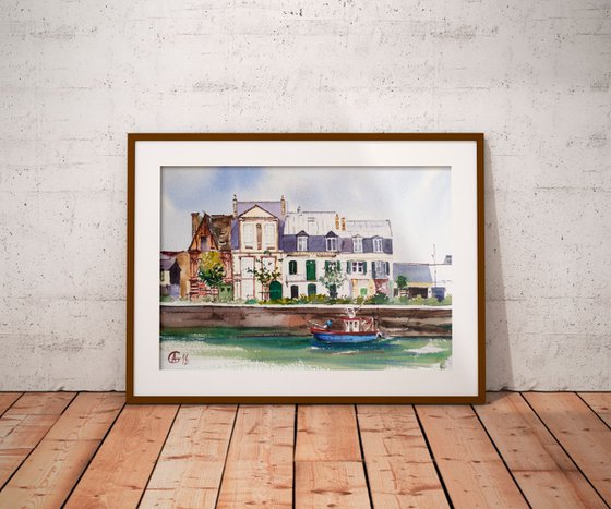 Low water in Deauville. Original watercolor small size impressionism travel france normandy sea seaside landscape interior decor