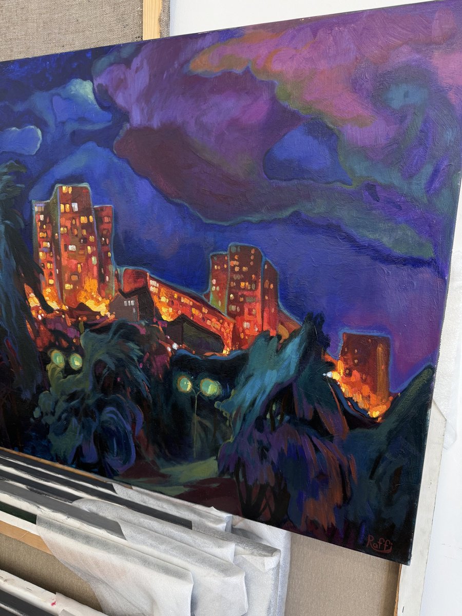 Expressive Cityscapes Oil Painting By Raffi Ghazaryan, 31 X 28",