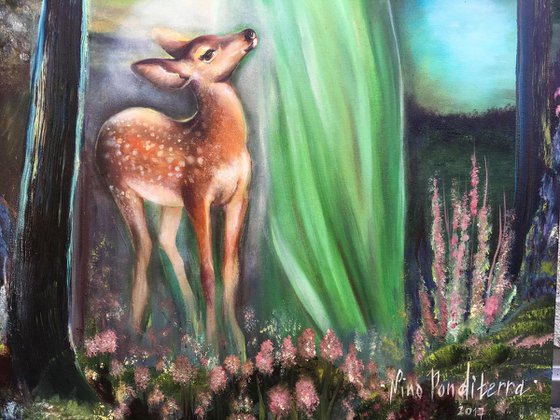 Bernadette and a fawn - original magical and spiritual oil art painting on stretched canvas