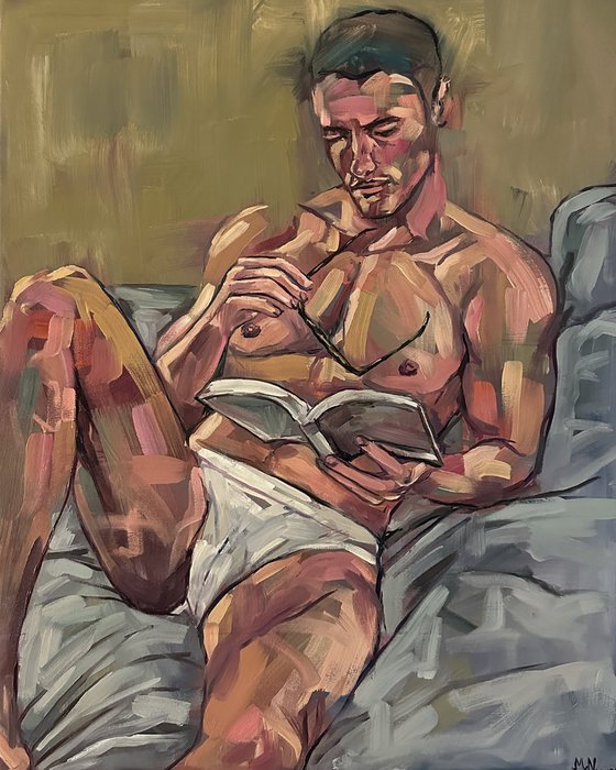 Naked man reading male nude painting