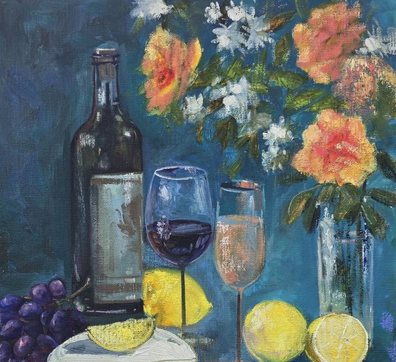 Evening Still Life with Wine and Citrus