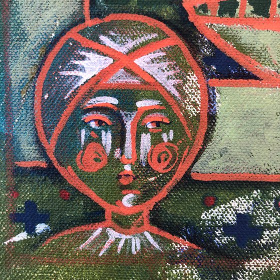 “Modernism. Flying saucer on Lybidska” small green modern painting