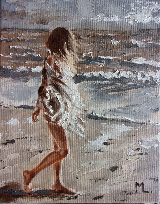 " WINDY ... " original painting SEA spring palette knife GIFT