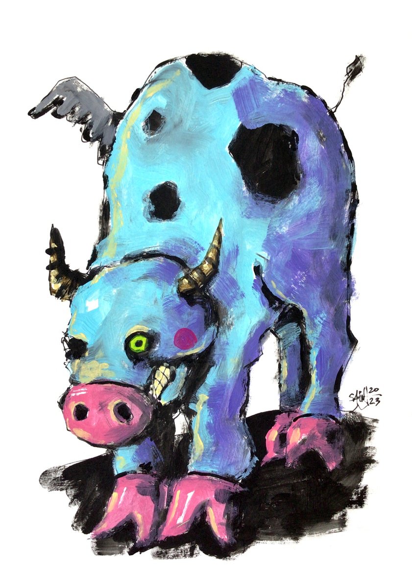 #134 Cow Zombie Monster portrait painting original art, Horror Naive Outsider Folk Art Bru... by Ruslan Aksenov