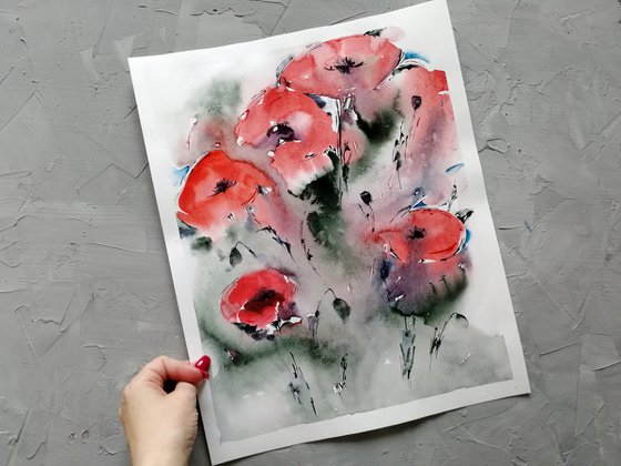 Red poppy painting. Wildflowers