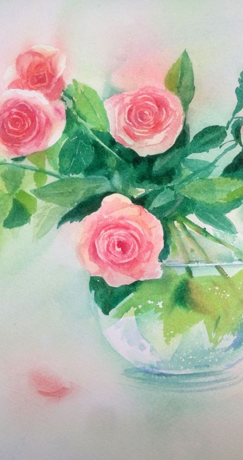 Bouquet of pink roses in a gla by Olga Beliaeva Watercolour