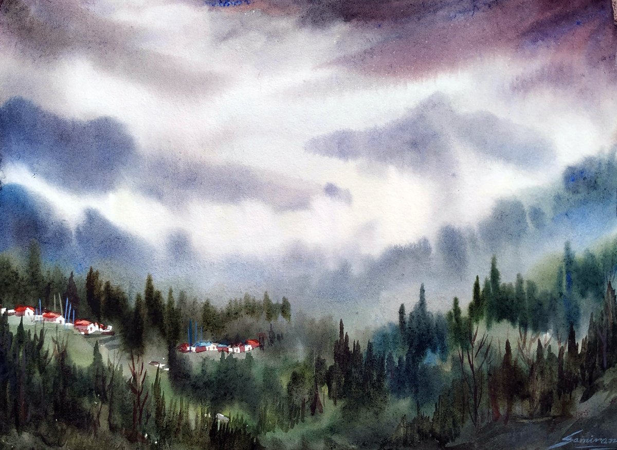 Impressionistic Landscape Watercolour By Samiran Sarkar, 15 X 11", Cloudy Mountain Himalaya, Original Artwork