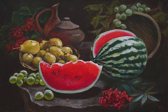 Still life with watermelon, pears and grapes