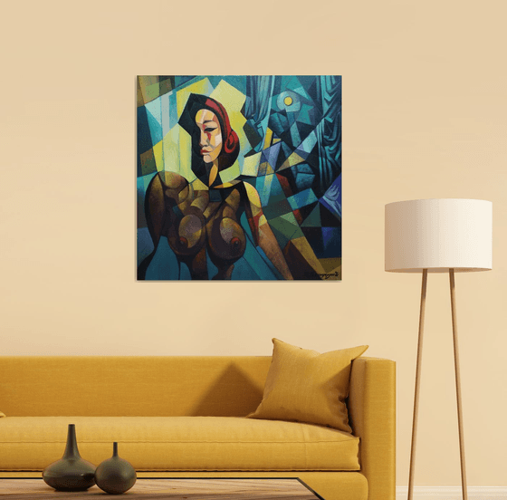 Midnight (80x80cm, cubism, oil painting, ready to hang)