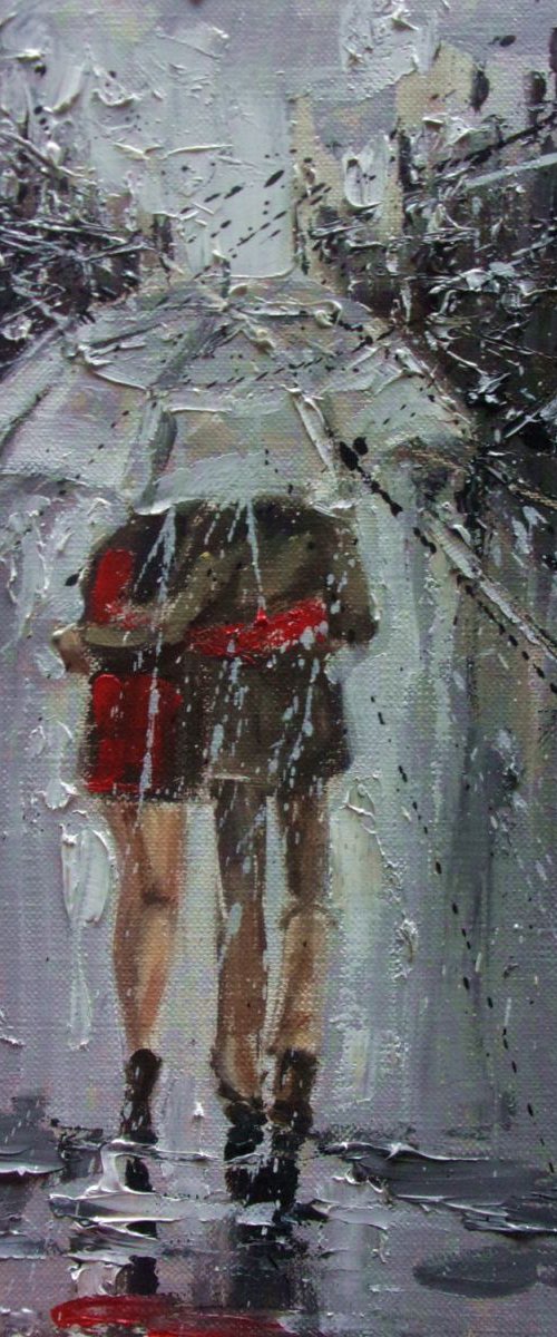 " WALKING IN THE RAIN IV " original painting CITY palette knife by Monika Luniak