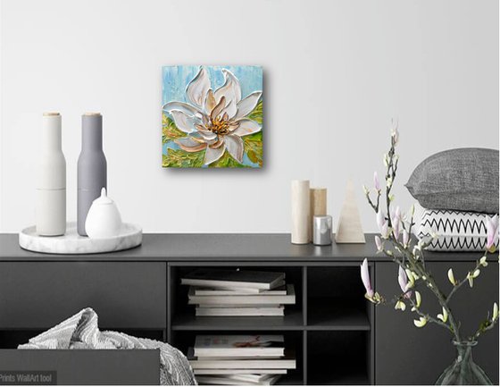 Magnolia II - Heavy textured white flower painting