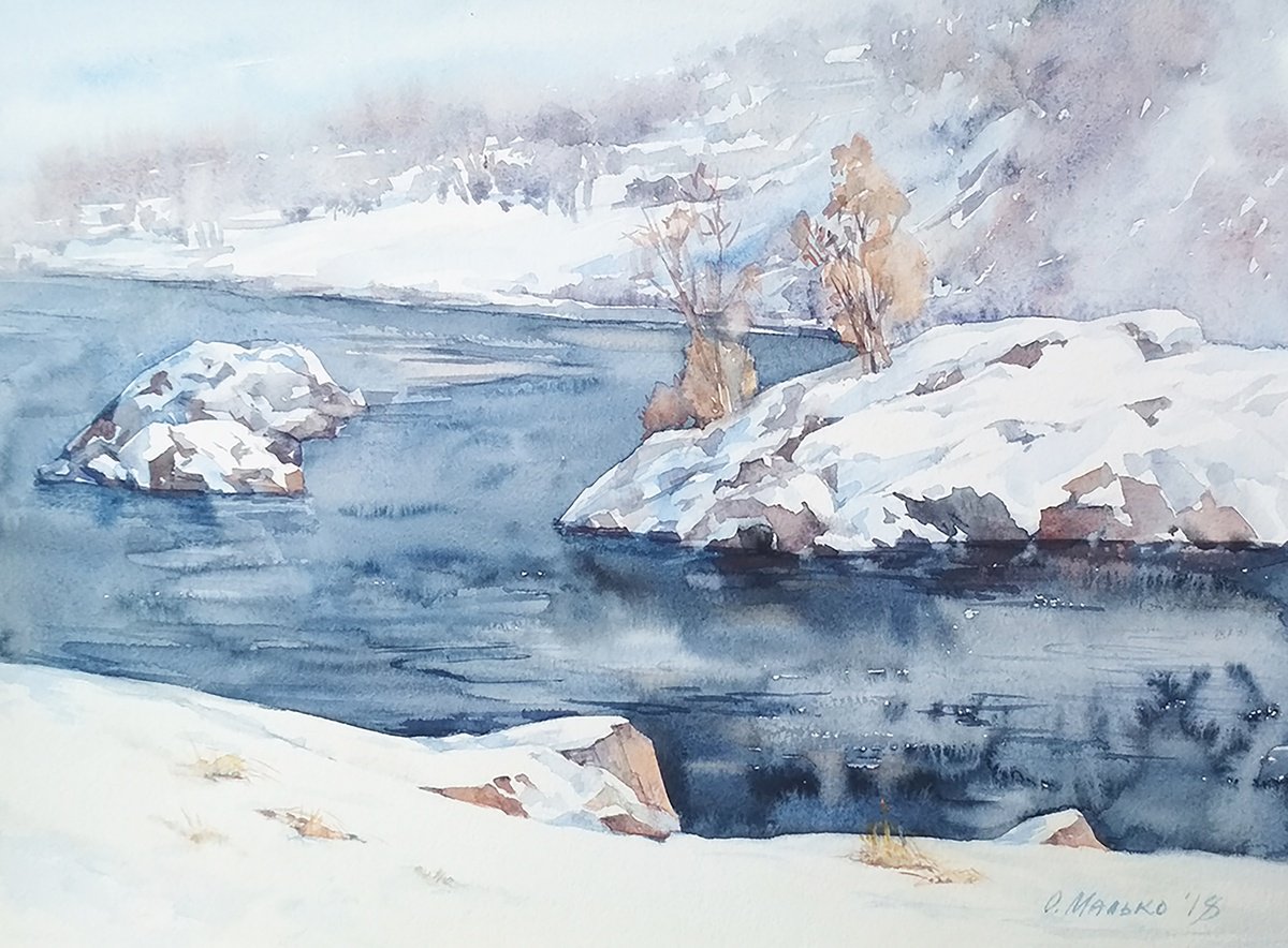 The River Ros’. Water and snow. Last winter day  / ORIGINAL watercolor 14x11in (38x28cm) by Olha Malko
