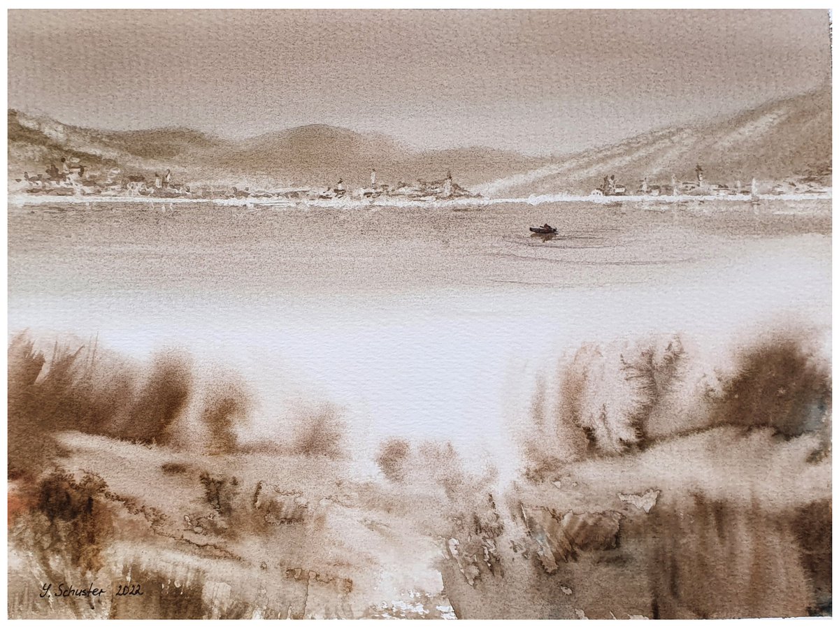 Impressionistic Landscape Watercolour By Yulia Schuster, 12 X 9", Sepia, Original Artwork