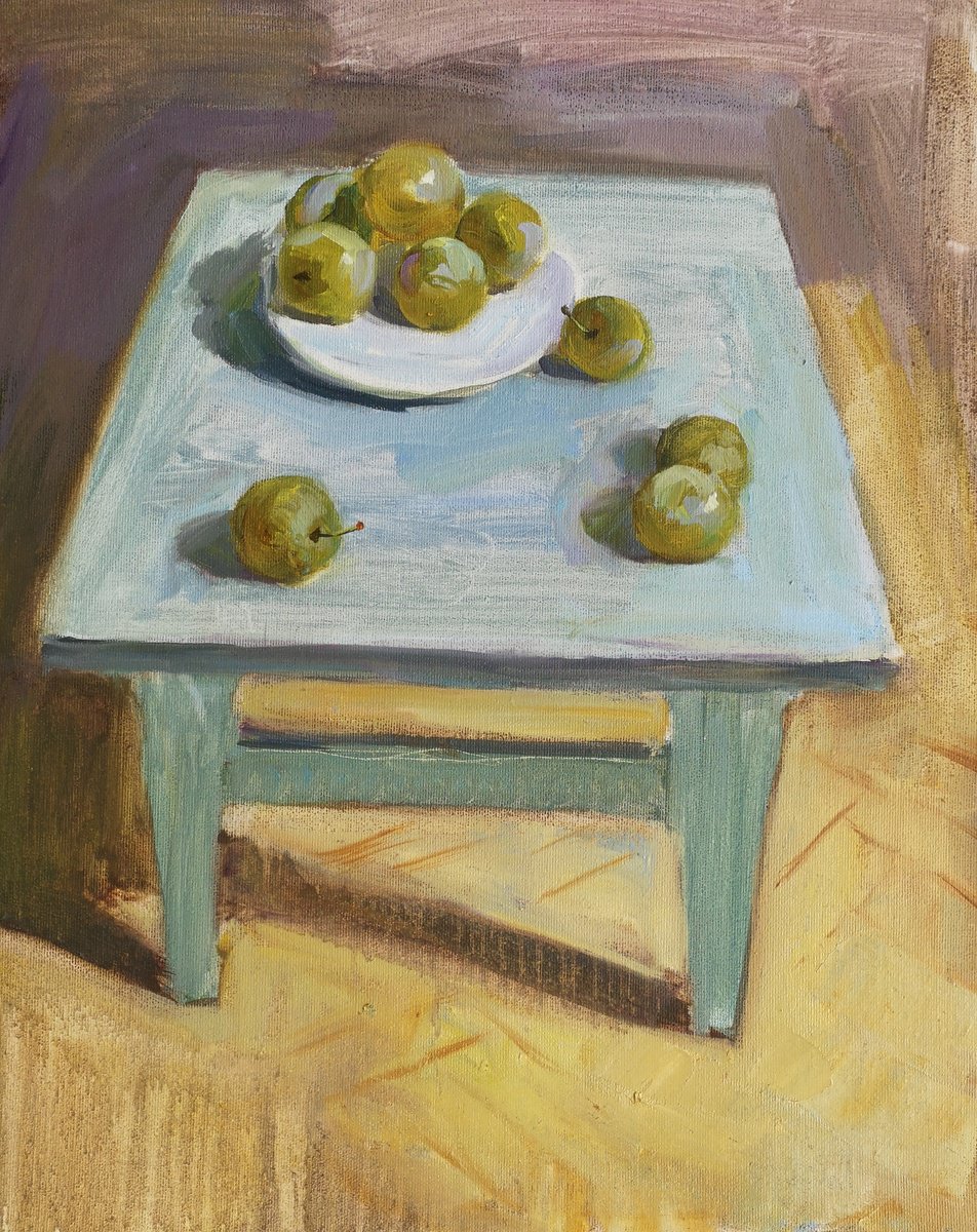 Impressionistic Still Life Oil Painting By Olga Samar, 16 X 20", Yellow Plums, Original Artwork