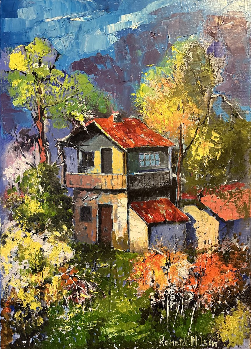 Expressive Landscape Oil Painting By Reneta Isin, 20 X 28", " Village House " Iii, Original Artwork