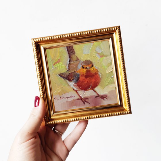 Robin bird oil painting original birding artwork, Miniature framed art