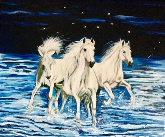 White horses running on the waves. Starry night.