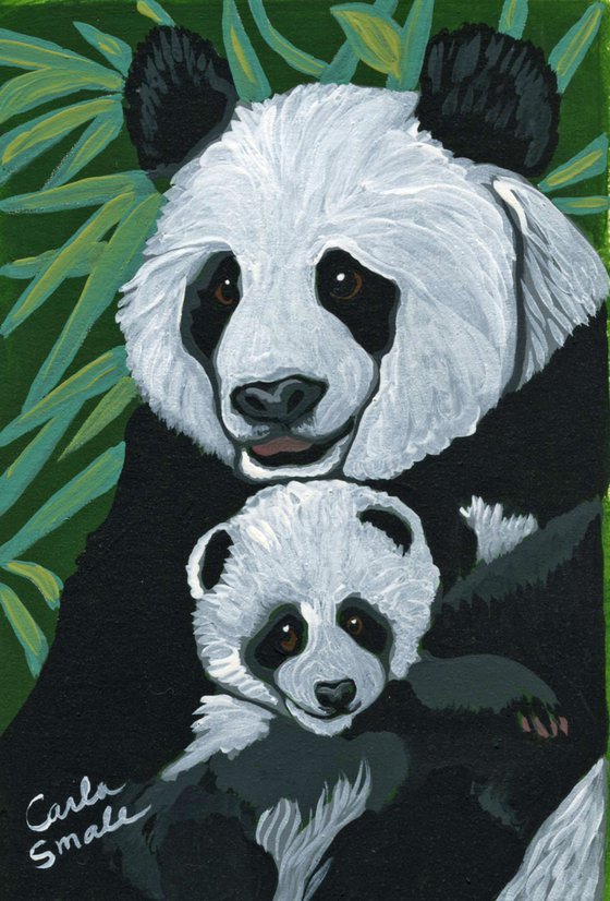 Original Miniature Painting Panda Bear Mom and Cub Wildlife Art-Carla Smale