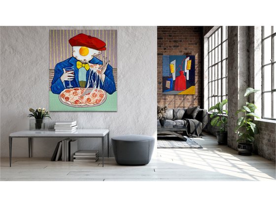 Mr Egg enjoying a pizza