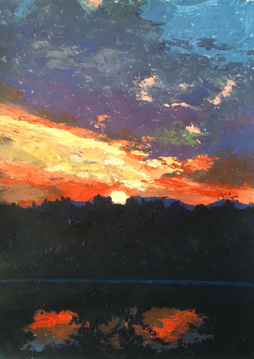 Impressionistic Landscape Acrylic Painting By John Cottee, 22 X 30, Sun Road Reflection, Original Artwork