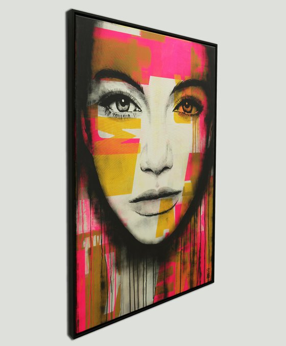 Portrait - Incl Frame - Pop Art Girl Painting - Neon Pink - Bright Eyes in White -