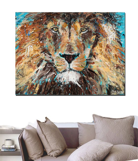 CECIL THE LION KING - 60 x 80 cm. - Oswin Gesselli - Series Hidden Treasures - male lion, wild cats art