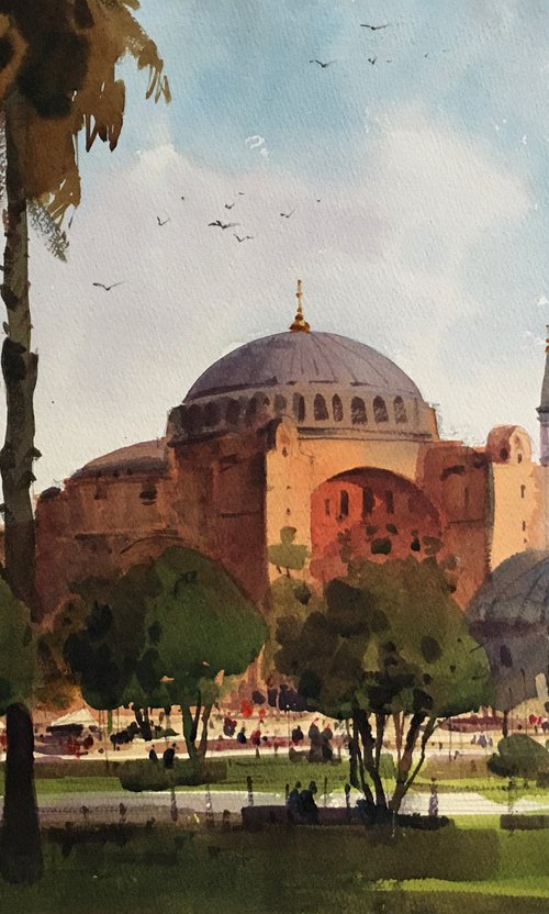 Hagia Sophia of Istanbul cityscape original watercolor by Andrii Kovalyk