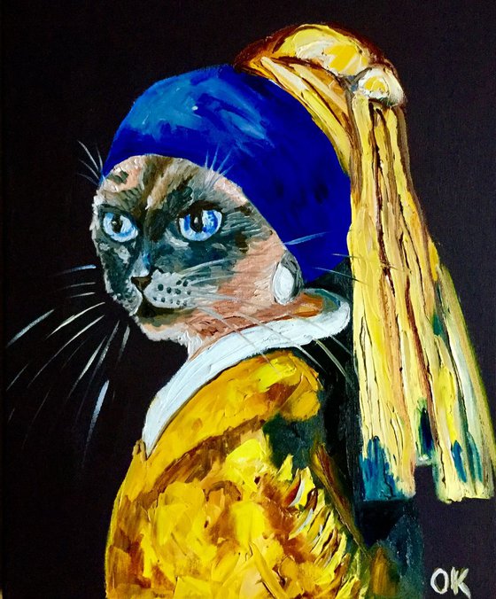 Siamese Cat with the pearl earring. Feline art. Blue eyes. Gift idea for cat lovers