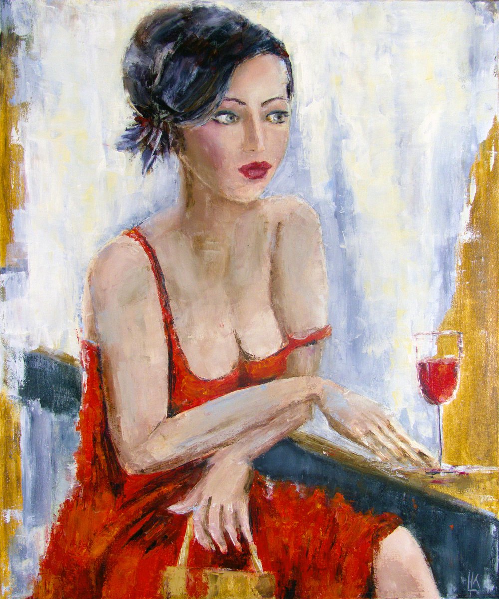 Lady with a glass of wine by Ludmila Kovalenko