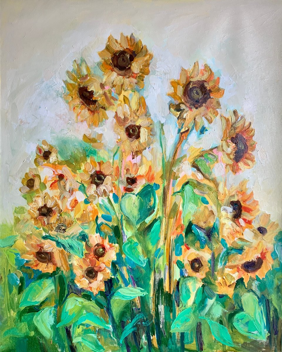 Impressionistic Botanical Oil Painting By Olga Pascari, 31 X 39", Sunflower Fields, Original Artwork