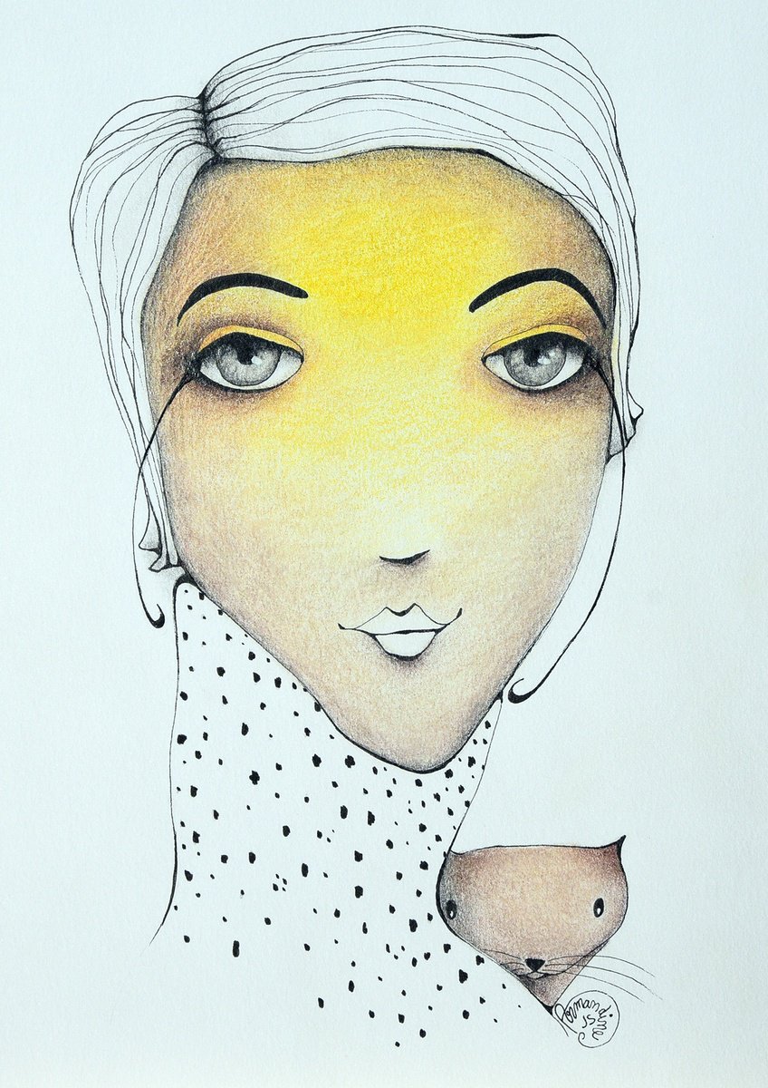 Illustrative Portrait Pencil Drawing By Armandine Js, 8 X 12, Invasion Feline 7, Original Artwork
