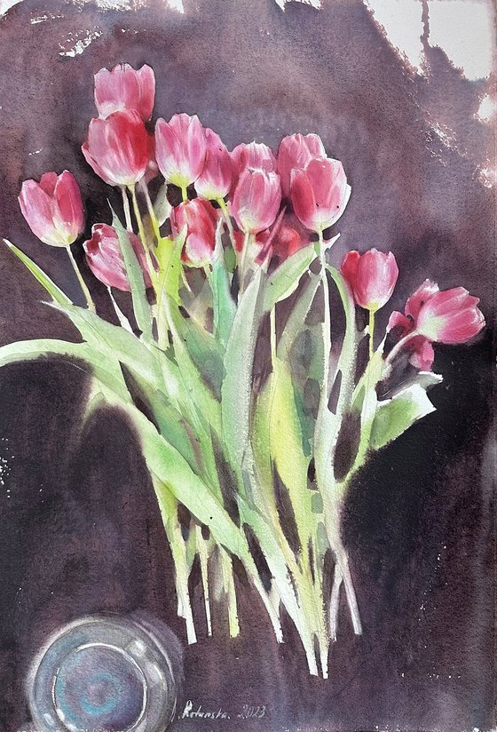 Watercolour. Tulips smell like spring.