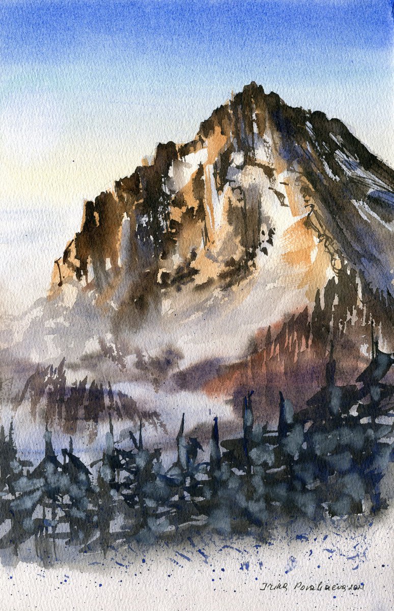 Snowy mountain peak original artwork painting , mountain watercolor small piece of art by Irina Povaliaeva