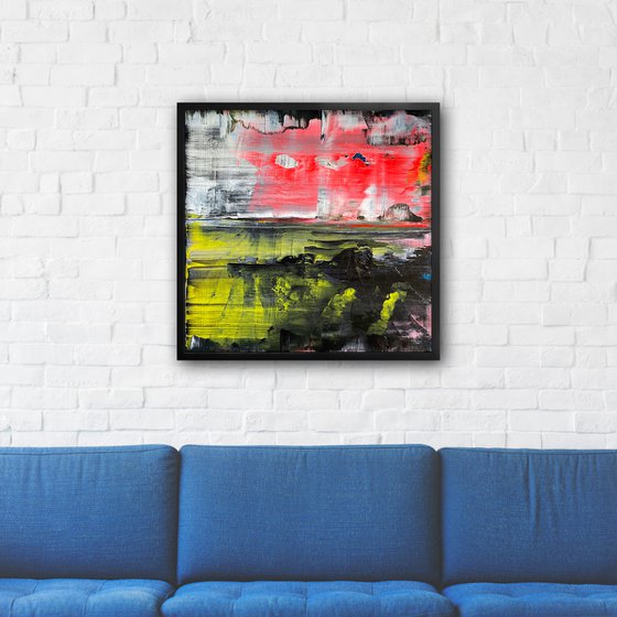 "Are You Ready For This?" - Original PMS Large Abstract Acrylic Painting On Wood, Framed - 26" x 26"