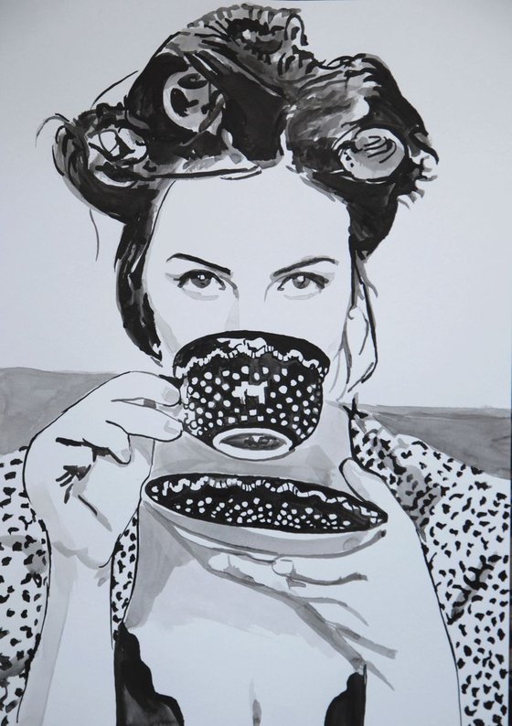 Girl with curlers and coffee / 42 x 29.7 cm